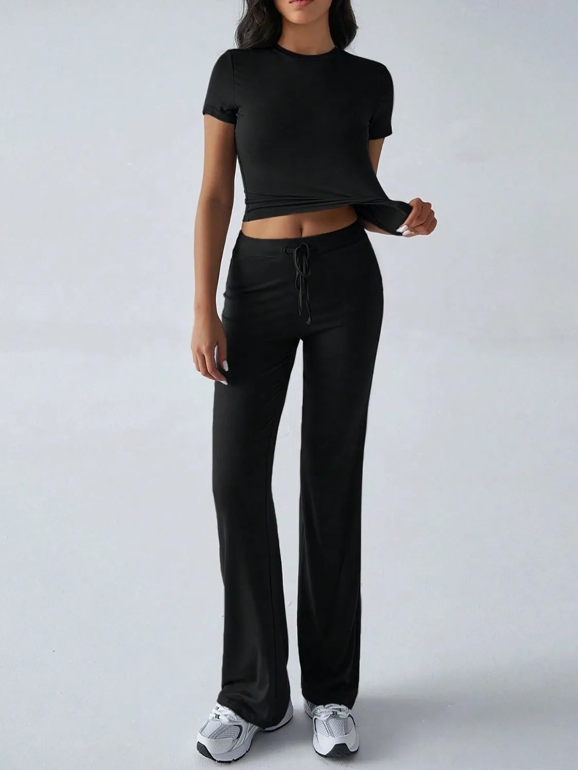 Round Neck Short Sleeve Top and Pants Set