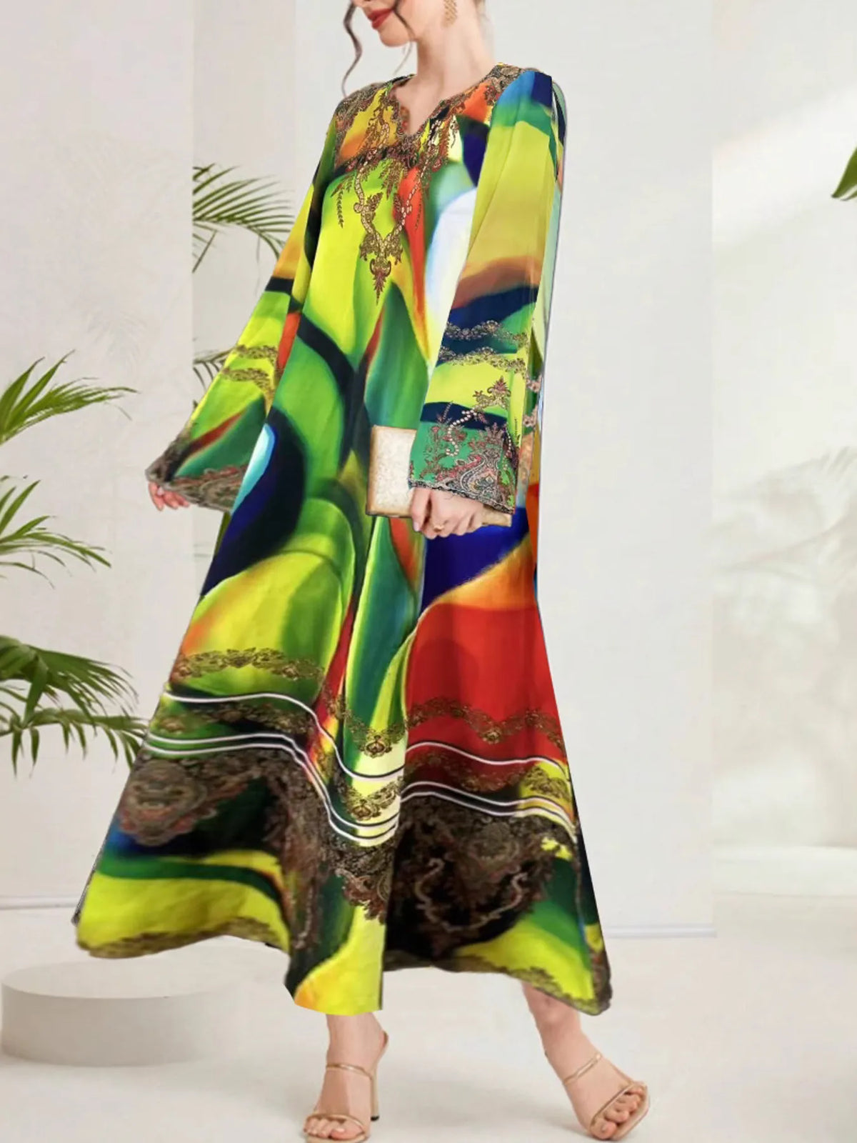 Multi-Color Abstract Print Notched Maxi Dress - Ladyez