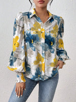 Printed Button Up Lantern Sleeve Shirt