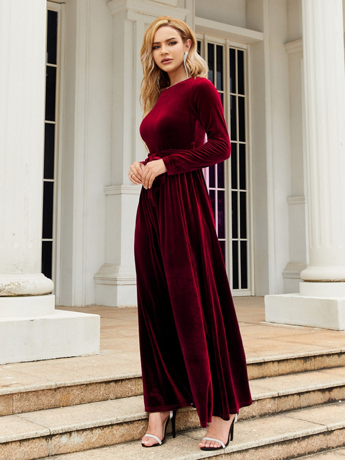 Tie Front Round Neck Long Sleeve Maxi Dress - Ladyez