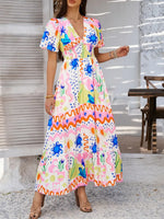 Devine Smocked Printed V-Neck Short Sleeve Maxi Dress