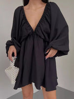 Deep V-Neck Balloon Sleeve Dress