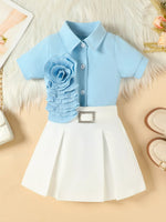 Children's Flower Decor Shirt & Pleated Skirt Set