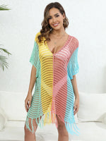 Fringe Color Block Scoop Neck Cover Up - Ladyez