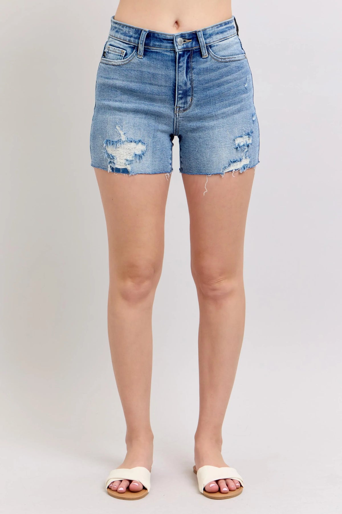 Judy Blue Full Size High Waist Denim Shorts W/stitch Over Destroy Detail Plus Size - Ladyez