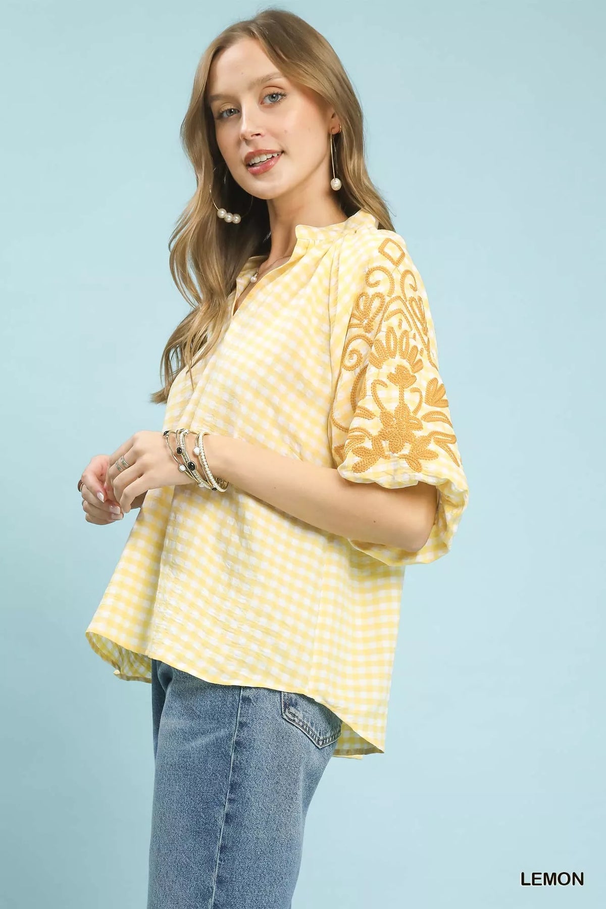 Umgee Gingham Embroidered Balloon Sleeve Top