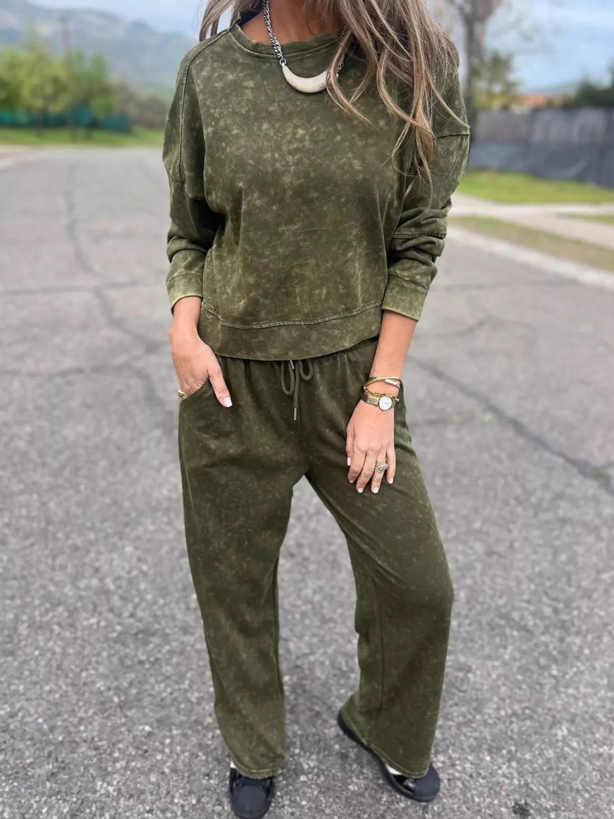 Full Size Washed Round Neck Top and Drawstring Pants Set Plus Size