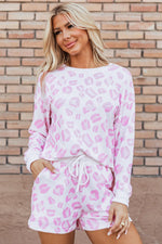 Leopard Long Sleeve Top and Drawstring Shorts Lounge Set - Ladyez