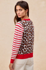 BiBi Leopard With Stripe Combo Buttoned Cardigan