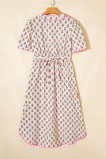 Floral Print V Neck Scallop Trim Button Front Short Sleeve Dress