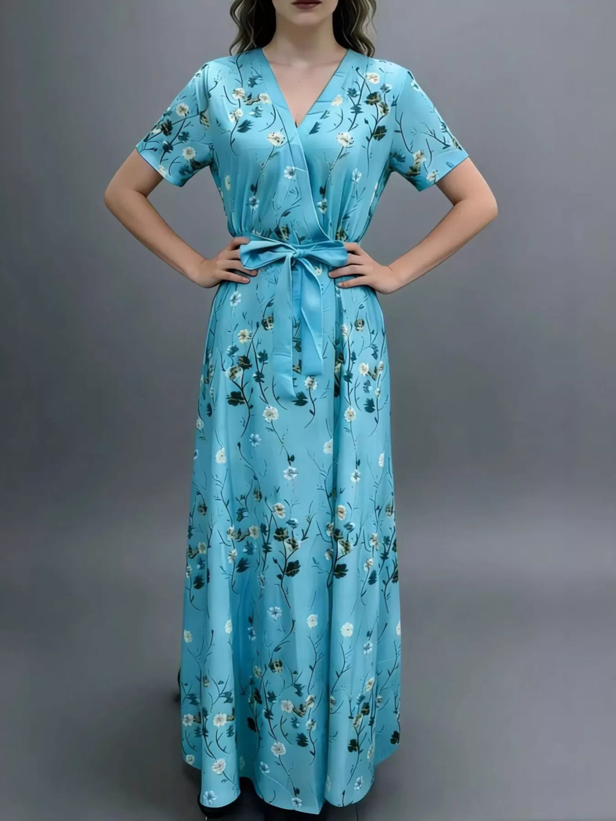 Floral Print Short Sleeve Wrap Maxi Dress
