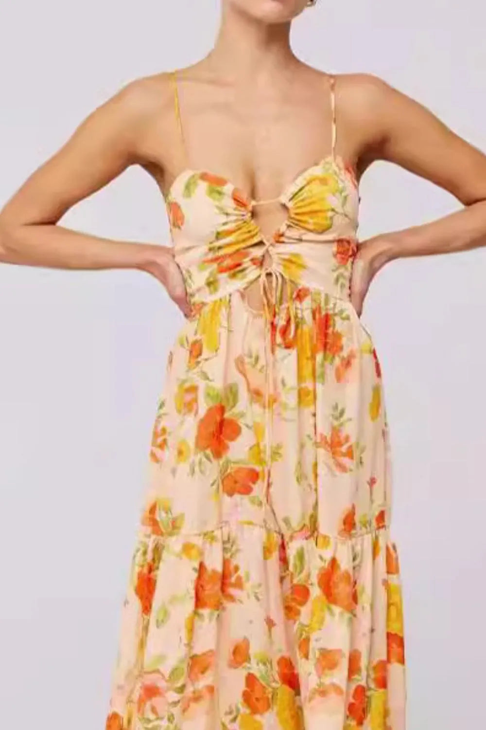 Floral Print Tie Front Tiered Maxi Dress - Ladyez