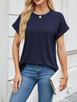 Casual Rolled Sleeve Solid Color T-Shirt