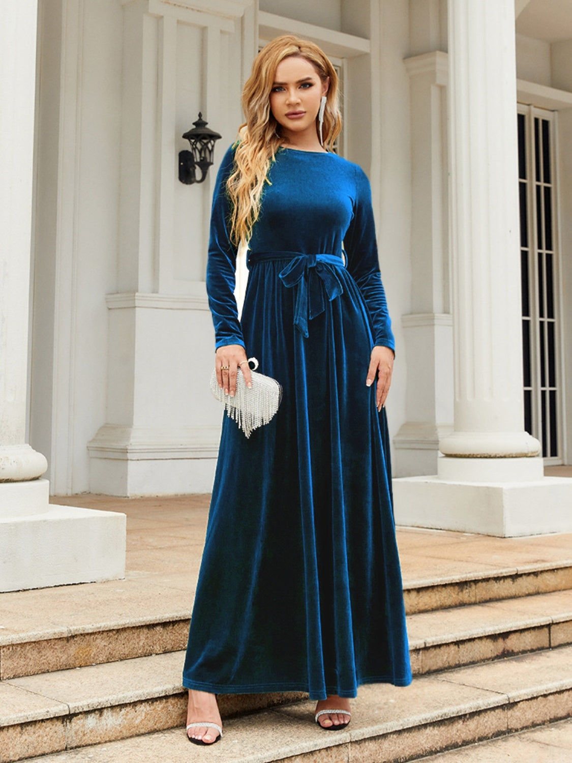 Tie Front Round Neck Long Sleeve Maxi Dress - Ladyez