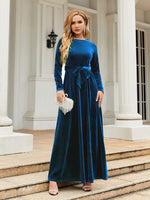 Tie Front Round Neck Long Sleeve Maxi Dress - Ladyez