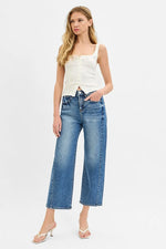 RISEN High Rise Crop Length Barrel Adjustable Waist Band Jeans - Ladyez