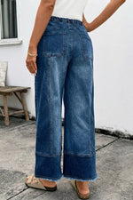 Drawstring Seam Detail Raw Hem Wide Leg Denim Pants