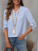 Striped V-Neck Roll-Up Sleeve Blouse