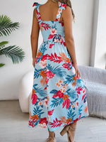Smocked Floral Tie Shoulder Midi Dress - Ladyez