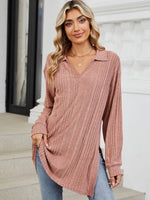 Slit Johnny Collar Long Sleeve T-Shirt