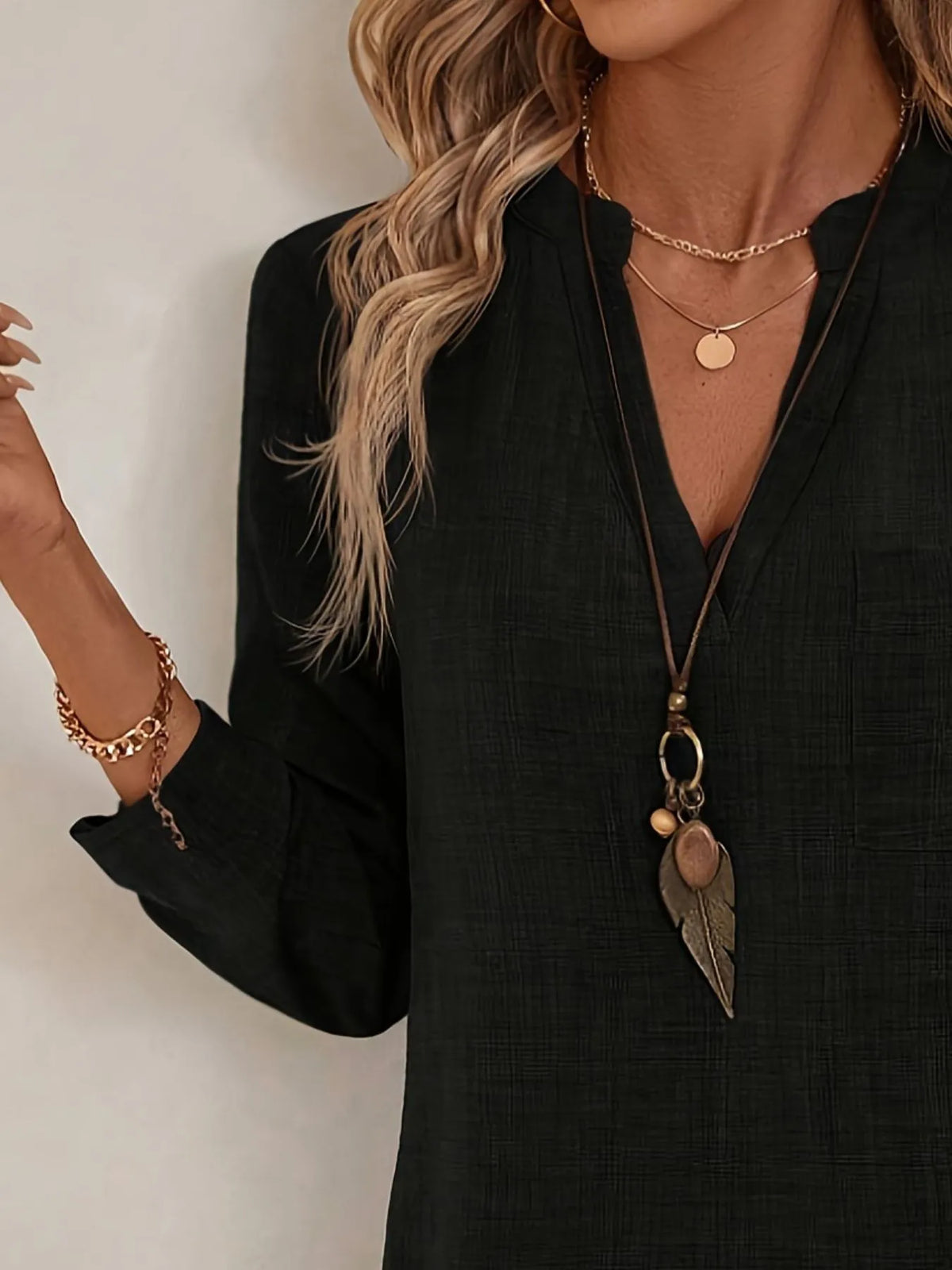 Notched Roll-Tab Sleeves Blouse - Ladyez