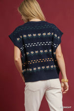 Umgee Button-Down Knit Vest with Floral Pattern
