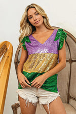 BiBi Mardi Gras Sequin Color Block RuffledTop