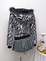 Zebra Faux Fur Hooded Zip-Up Outerwear