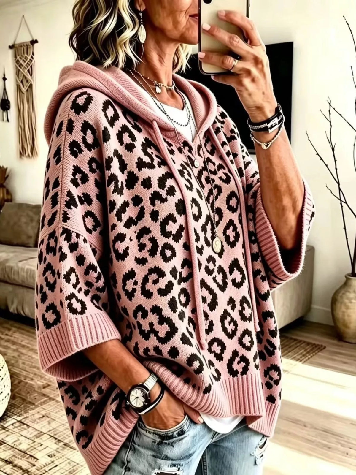 Drawstring Leopard Hooded Sweater