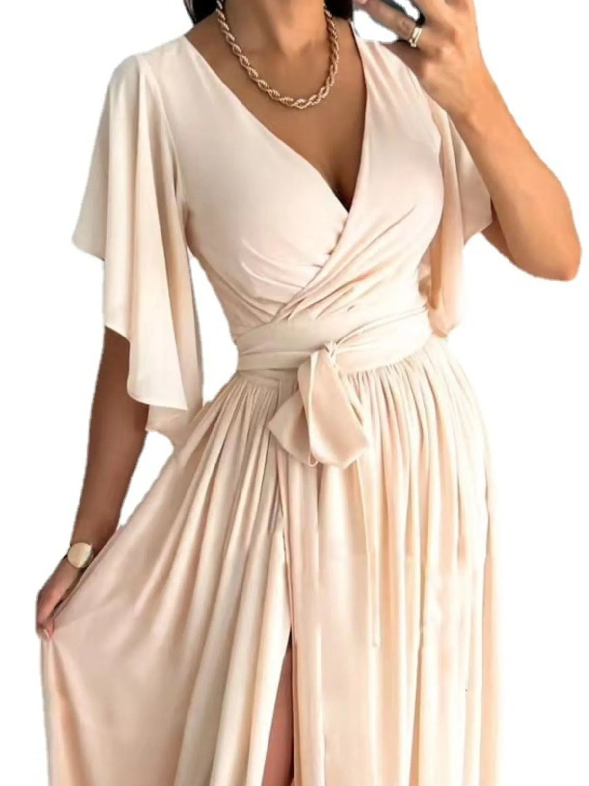 Flutter Sleeve Surplice Tie Waist Dress - Ladyez
