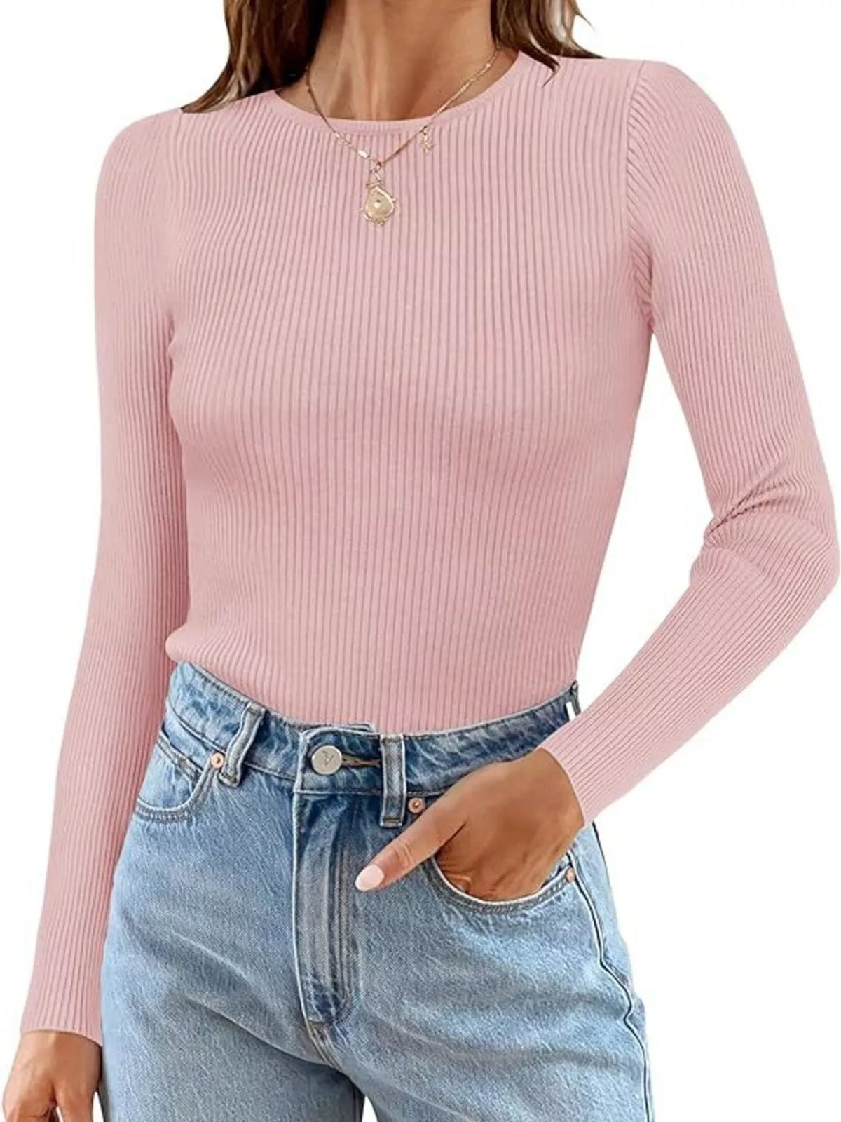 Ribbed Knit Slim Fit Long Sleeve T-Shirt
