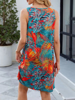 Printed V-Neck Sleeveless Mini Dress with Pockets - Ladyez