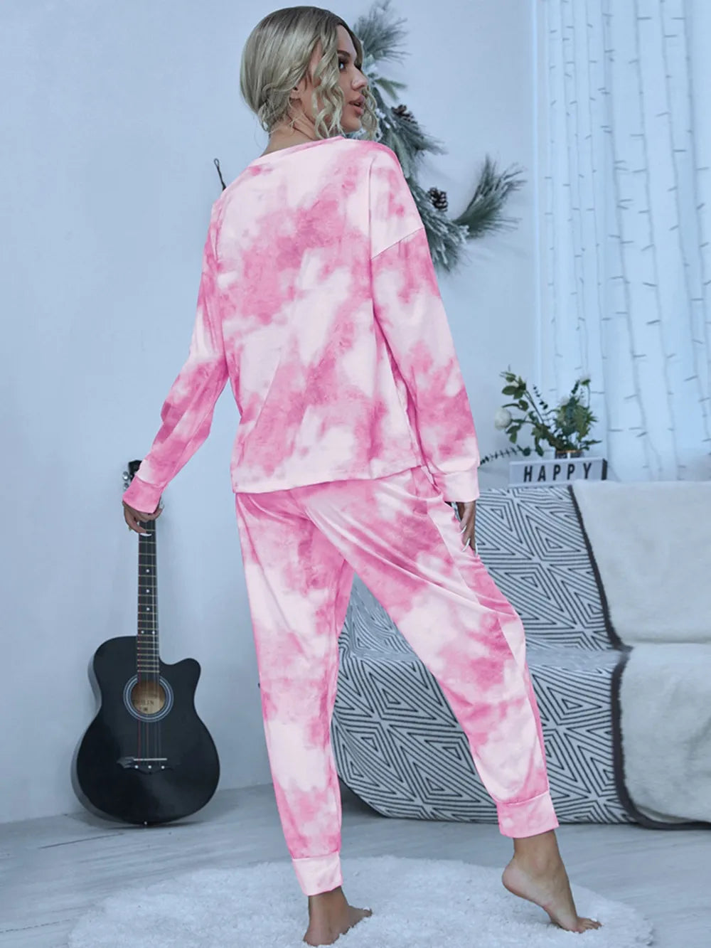 Shiny Tie-Dye Round Neck Top and Pants Lounge Set - Ladyez