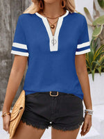 Striped Short Sleeve Half Zip Top - Ladyez