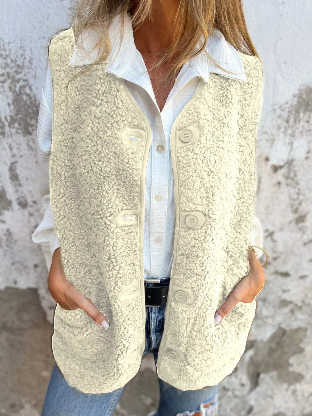 Full Size Cozy Sherpa Fleece Button-Up Vest Coat with Pockets Plus Size