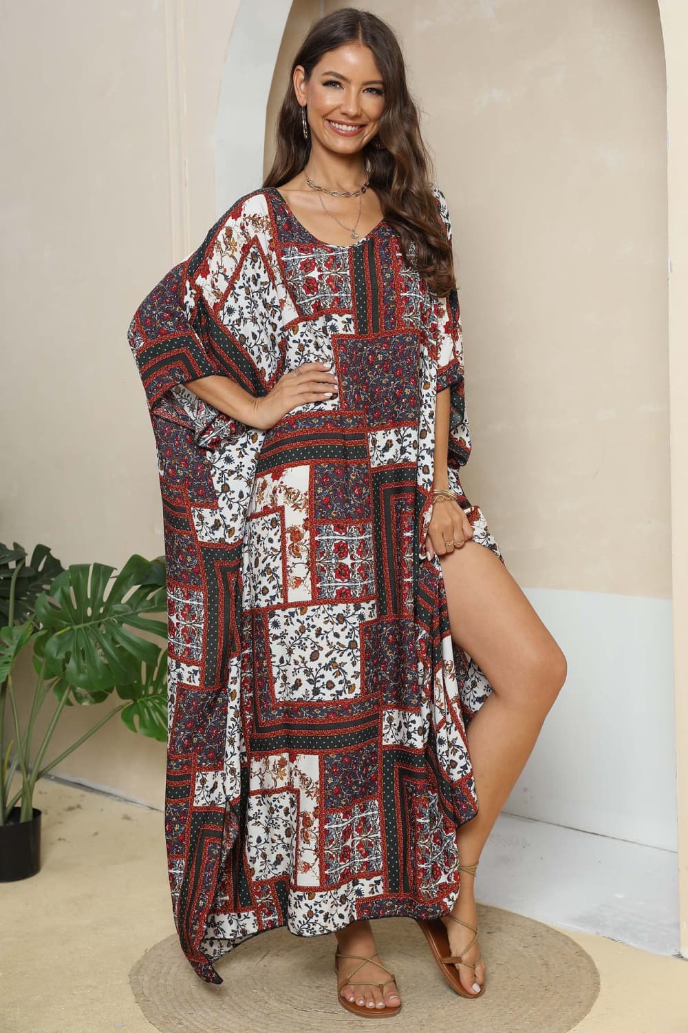 Printed V-Neck Split Maxi Dress - Ladyez