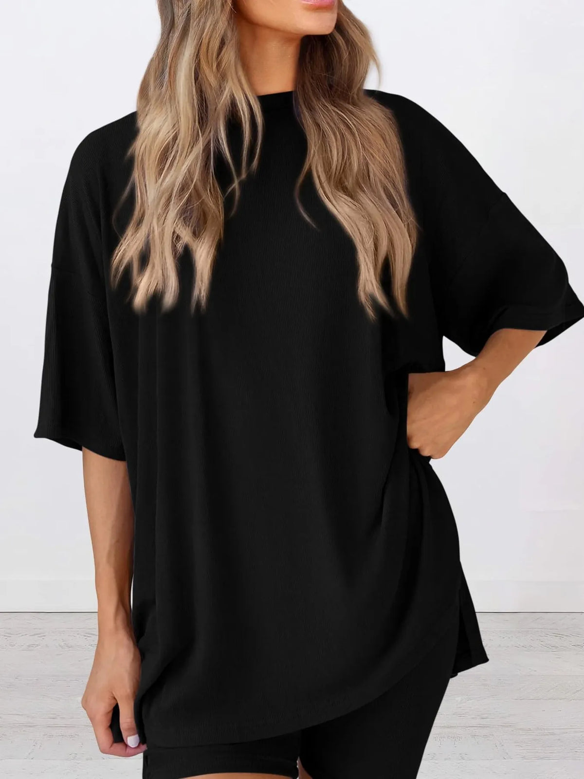 Full Size Oversized Slit Round Neck Top and Shorts Lounge Set Plus Size - Ladyez