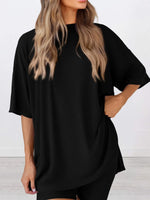 Full Size Oversized Slit Round Neck Top and Shorts Lounge Set Plus Size - Ladyez