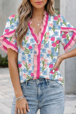 Floral Print Ruffle V-Neck Short Sleeve Loose Tunic Shirt