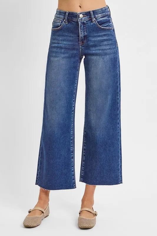 RISEN Raw Hem Wide Leg Cropped Jeans - Ladyez