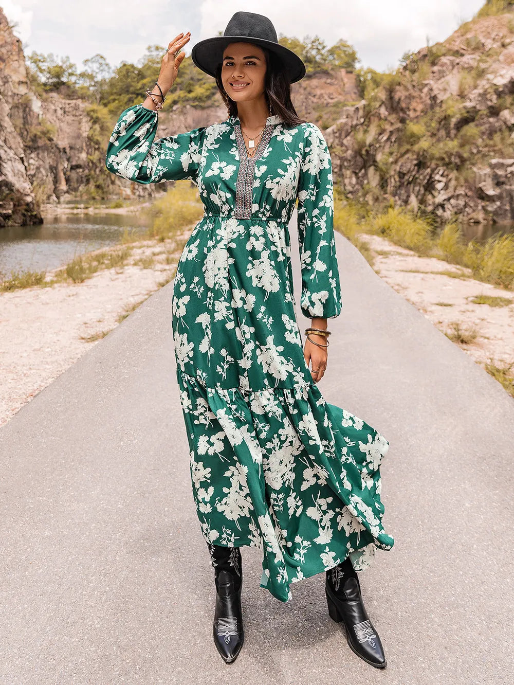 Printed Notched Neck Maxi Dress - Ladyez