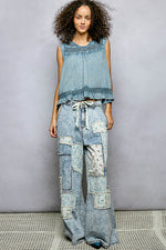 POL Button Closure on Back Ruffled Sleeveless Cotton Blouse with Trim Detail