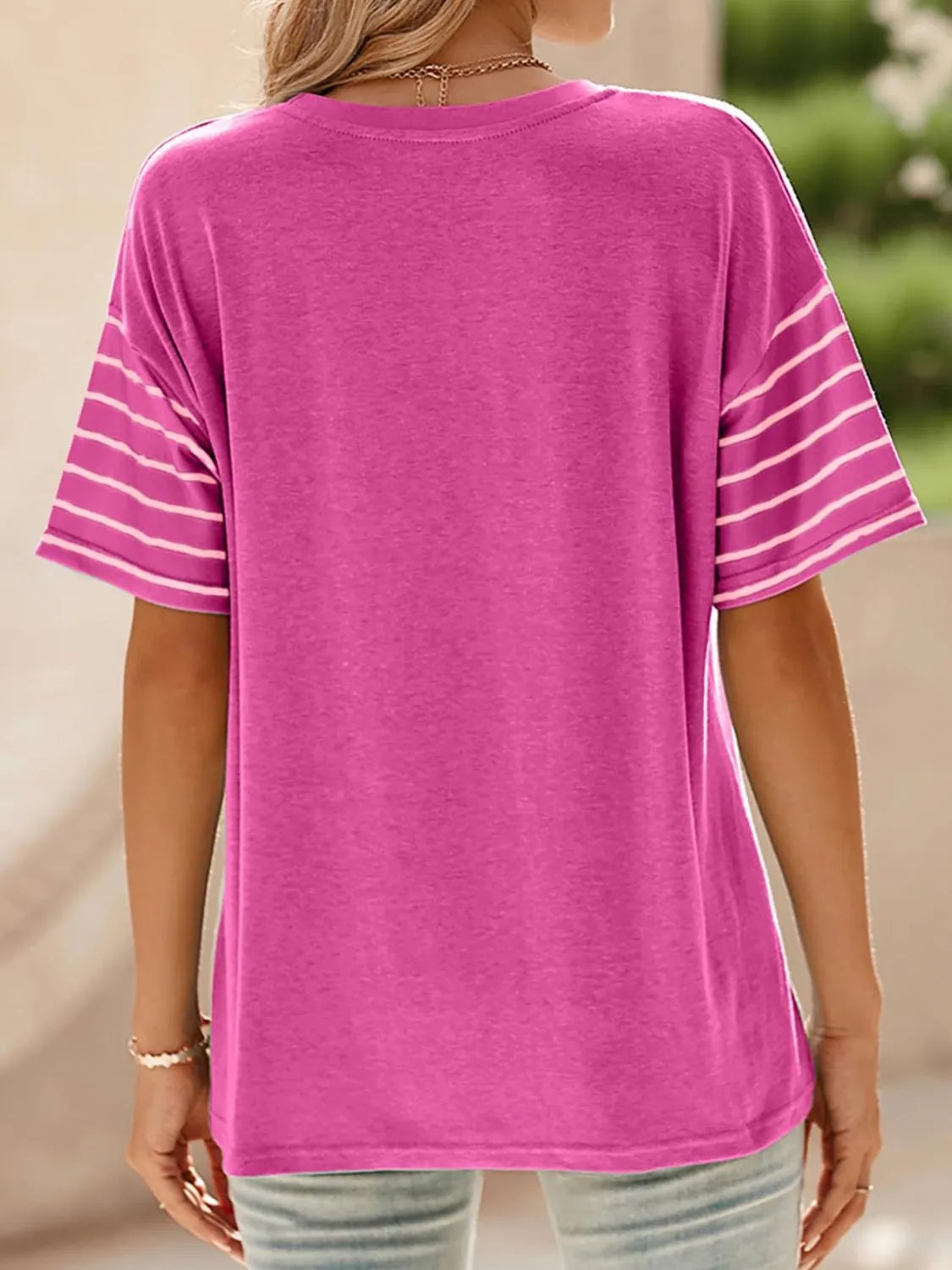 Color Block Striped Sleeve Casual T-Shirt - Ladyez