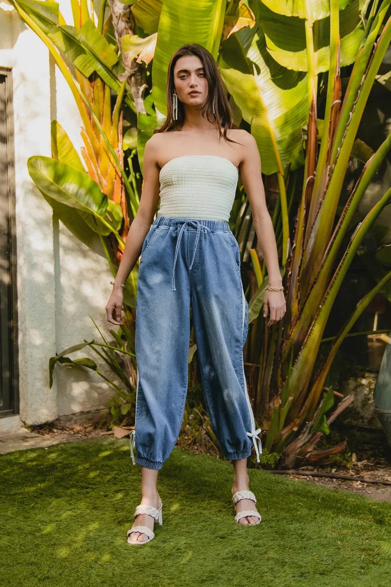 BiBi Striped Tape Details With Bot Tied Point Elastic Waist Jeans - Ladyez