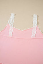 Ribbed Knit Lace Straps Patchwork Lettuce Hem Cropped Top Floral Short Lounge Set