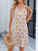 Printed V-Neck Sleeveless Mini Dress with Pockets - Ladyez