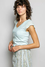 POL V-Neck Lightweight Textured Short Sleeve Knit Top with Lace Trim