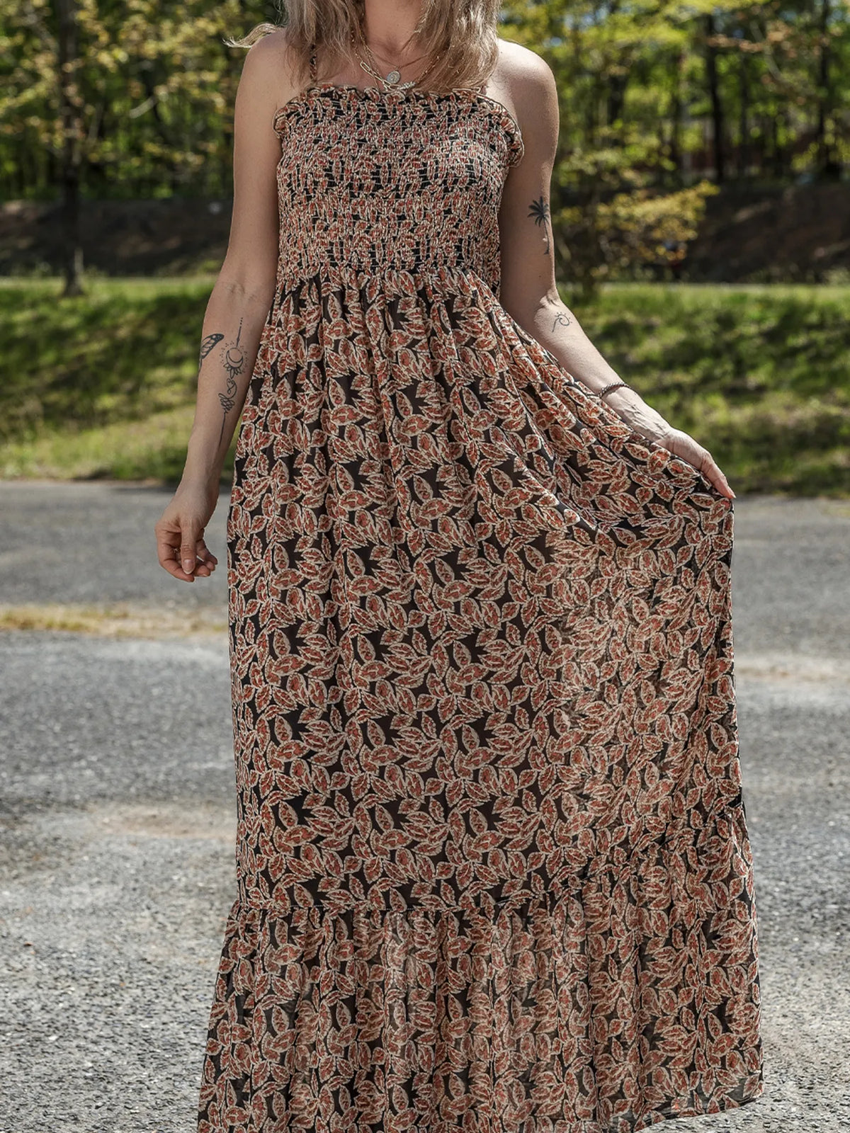 Printed Smocked Bodice Maxi Dress - Ladyez