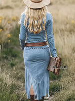 Fringe Zip Front Long Sleeve Dress
