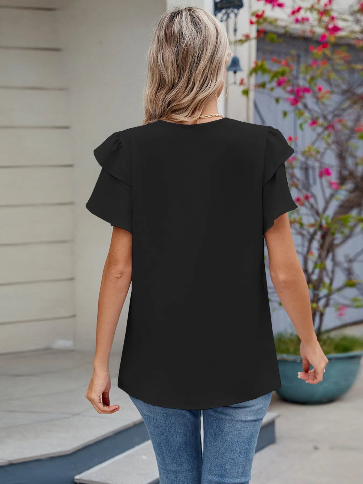 Round Neck Ruffled Layered Sleeve Blouse - Ladyez